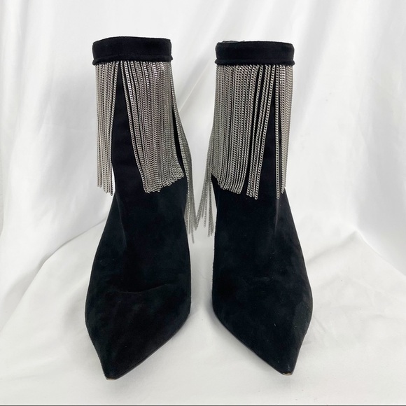 Balmain Mercy Suede Chain Fringe Pointed Toe Stiletto Heeled Ankle Boots Black - Picture 3 of 14